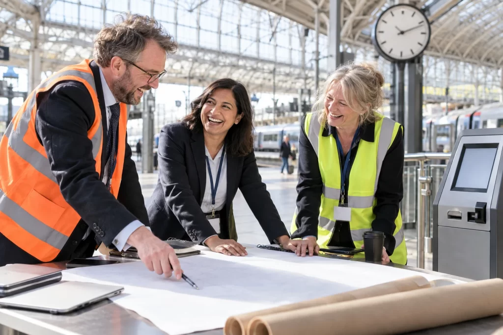 Three fictional Great British Railways planners laughing around a blank route map in a bright railway concourse.