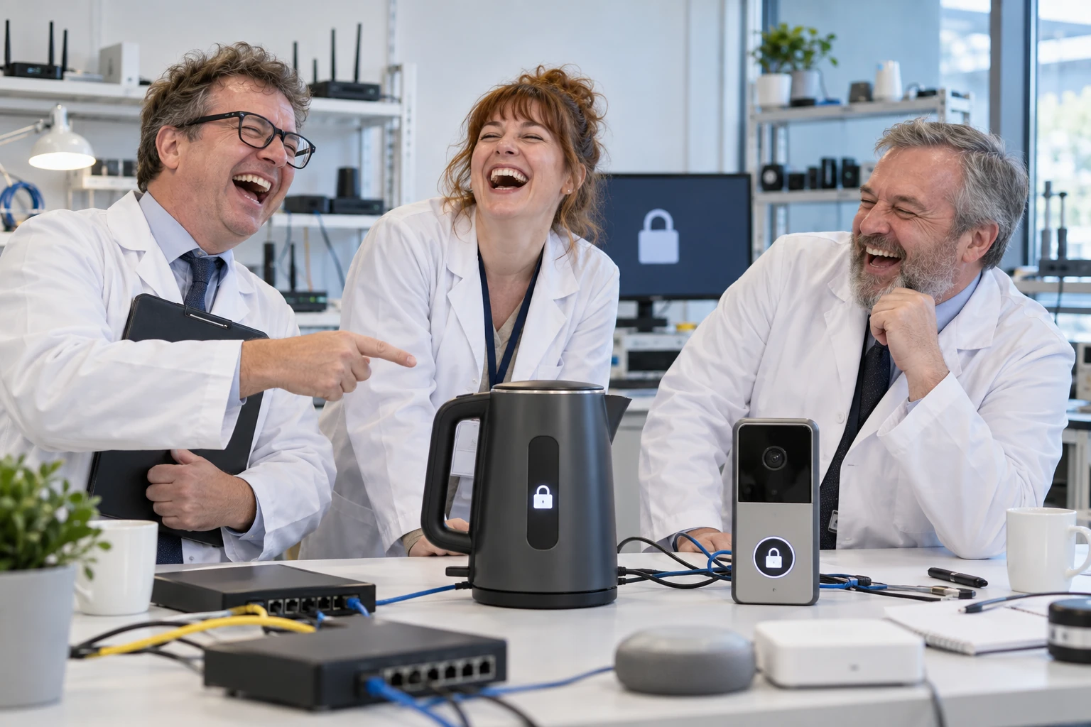 Three fictional technology officials laugh beside a smart kettle and doorbell with padlock symbols.
