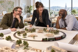 Three fictional regional planners laugh over a circular toy railway and model buildings.