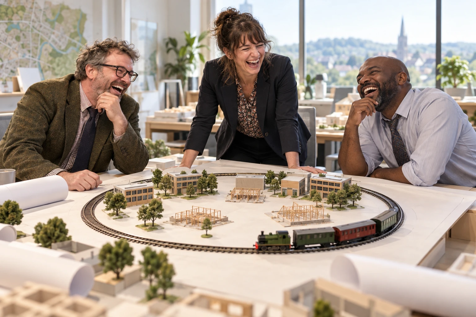 Three fictional regional planners laugh over a circular toy railway and model buildings.