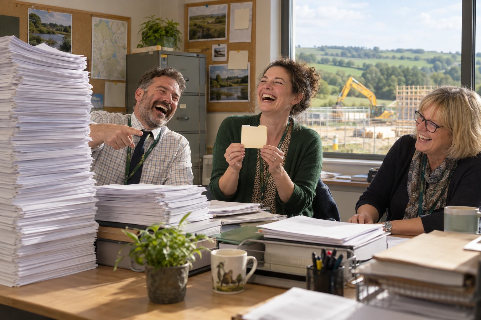 Three fictional permit officials laugh over a tiny folder beside a mountain of forms.