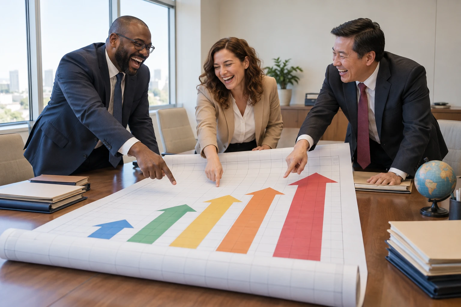 Three fictional trade officials laugh over a giant blank spreadsheet with rising arrows.