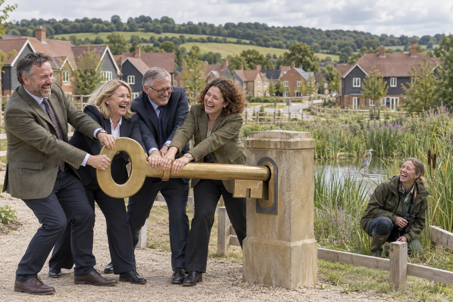 Five fictional planning and environmental officials laugh while turning a giant key beside homes and reeds.