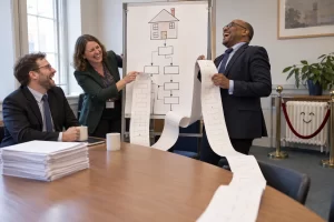Three fictional energy policy officials laughing beside a house flowchart and a radiator behind a rope