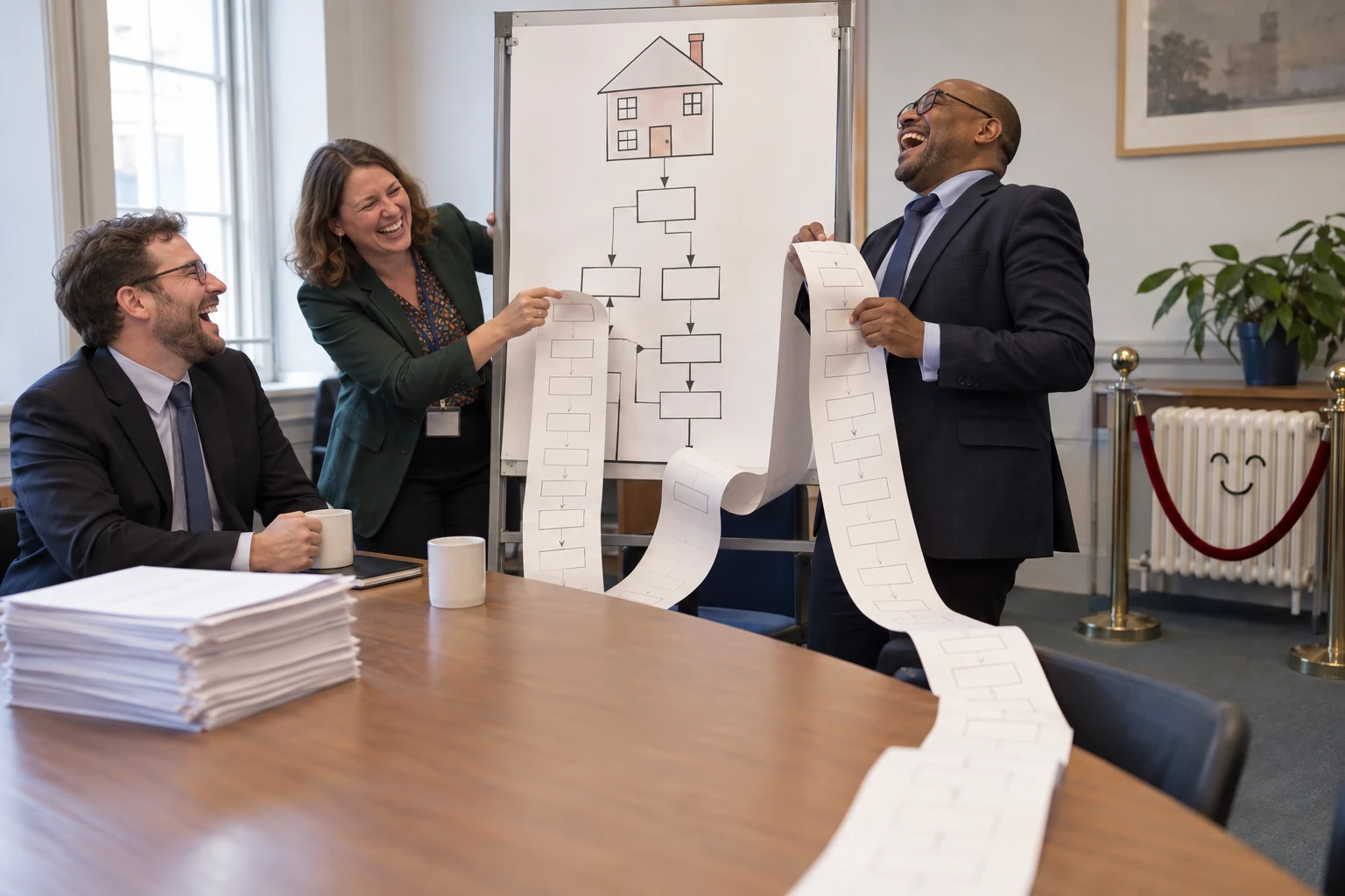 Three fictional energy policy officials laughing beside a house flowchart and a radiator behind a rope