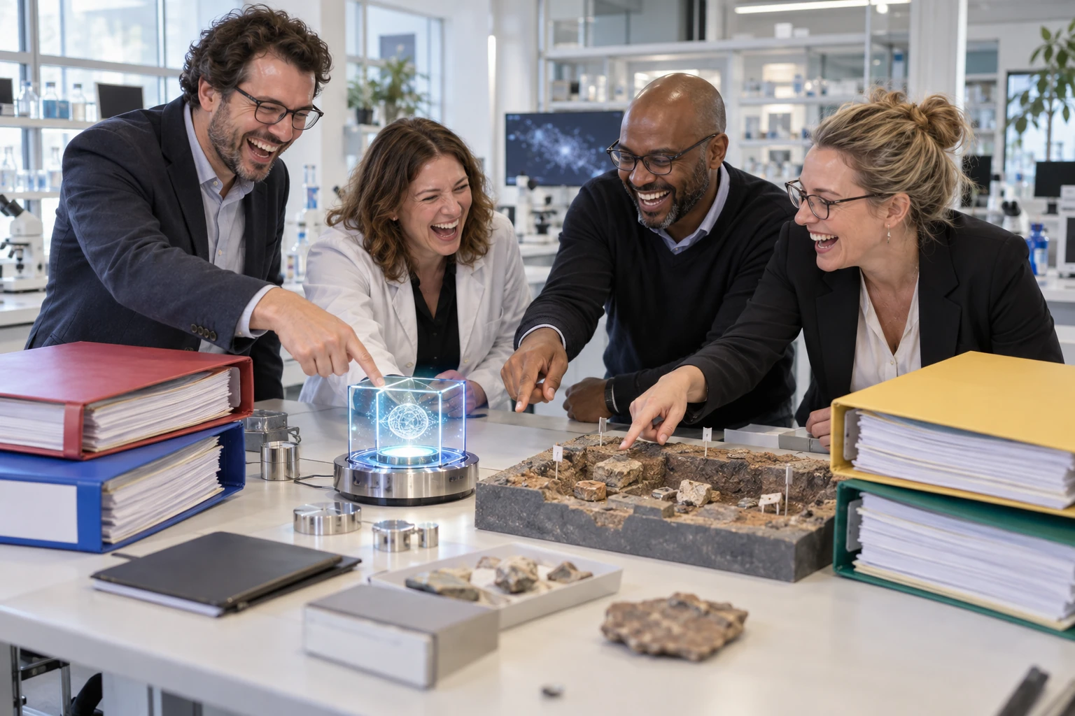 Four fictional innovation managers laughing around a glowing quantum sensor beside a small excavation model