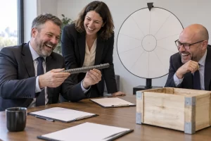 Three fictional trade officials laughing while examining a ribbed steel bar beside a blank category wheel