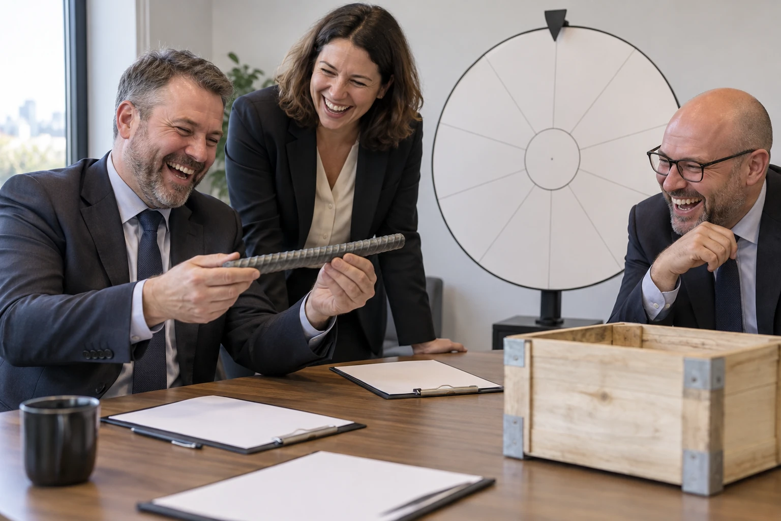 Three fictional trade officials laughing while examining a ribbed steel bar beside a blank category wheel