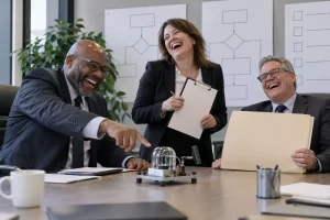 Three fictional procurement officials laughing beside a testing device, blank clipboard and approval flowcharts