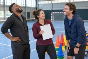 Three fictional adult sports festival organisers clearly laugh beside a blank clipboard and colourful cones in an indoor sports hall.