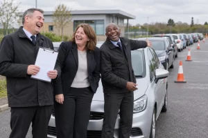 Three fictional adult driving examiners laugh beside a plain silver car and a long queue of unmarked cars.