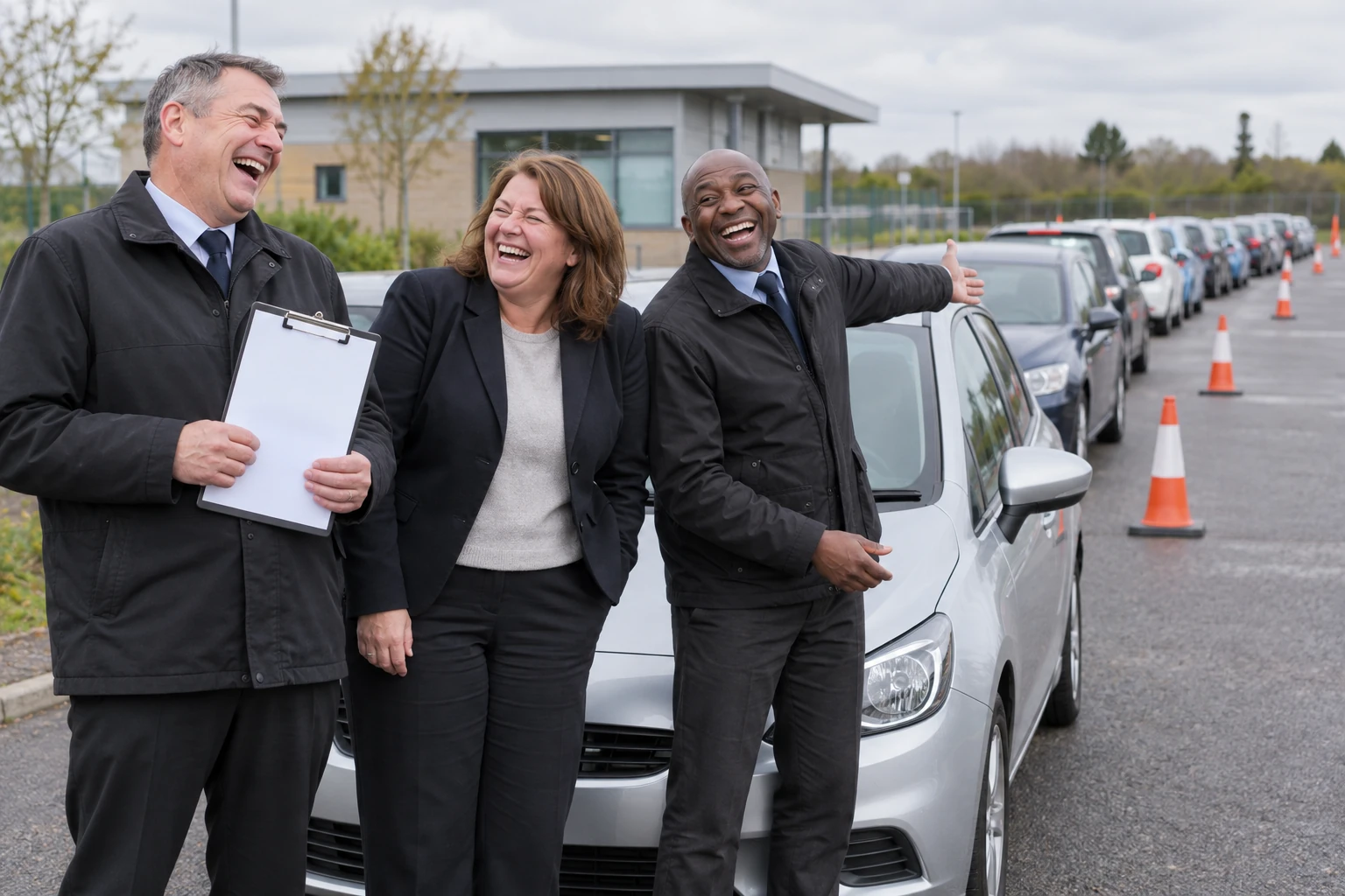 Three fictional adult driving examiners laugh beside a plain silver car and a long queue of unmarked cars.