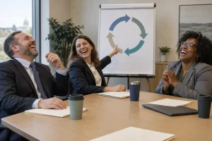 Three fictional adult water sector officials clearly laugh around a meeting table beside an abstract looping flowchart.