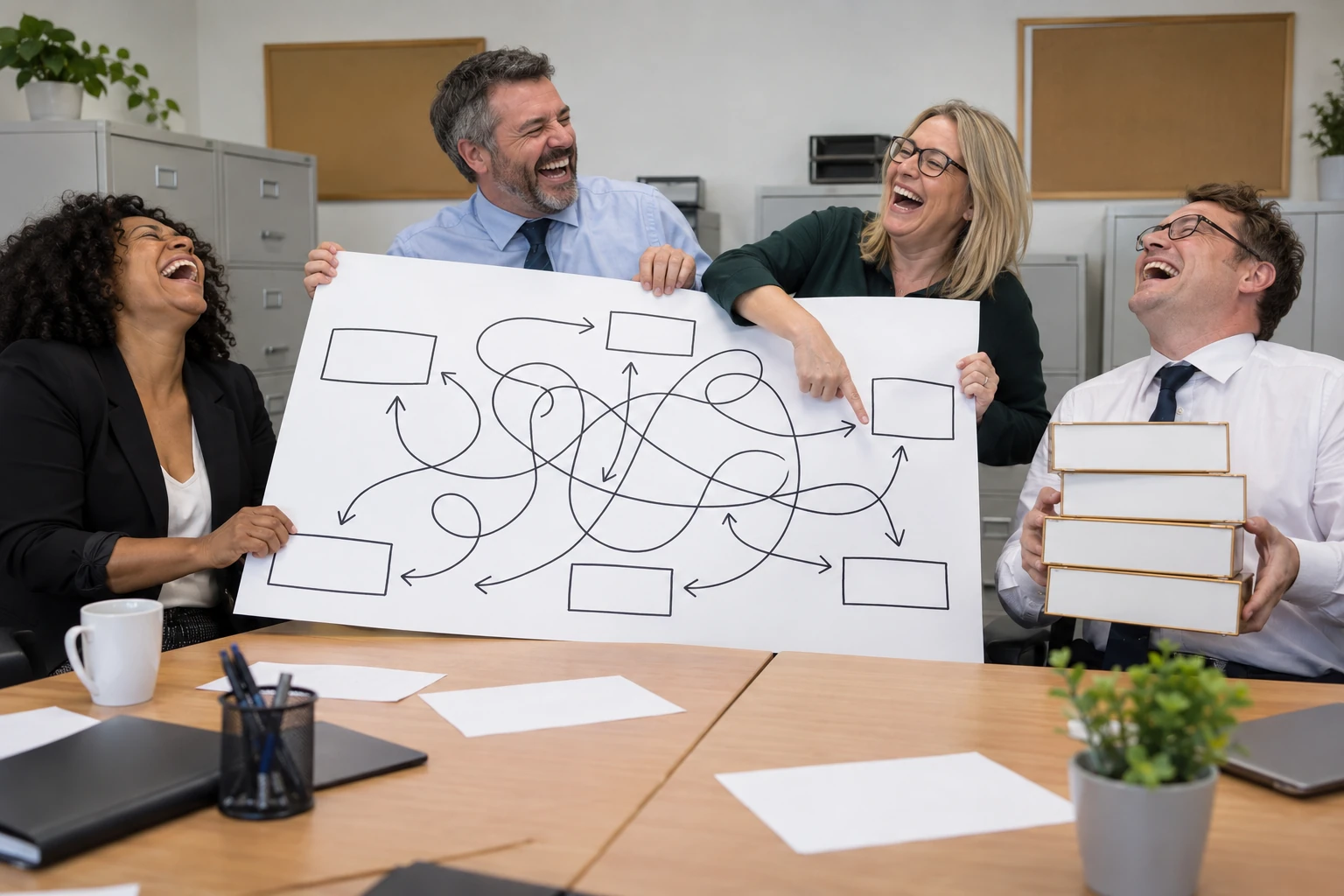 Four fictional adult office administrators clearly laugh around a table while holding an oversized blank organisational chart.