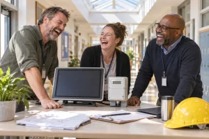 Three fictional adult school facilities coordinators clearly laugh beside blank solar display panels in a school corridor.