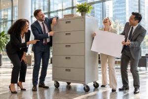 Four fictional adult office workers clearly laugh beside a wheeled filing cabinet in a bright glass office lobby.