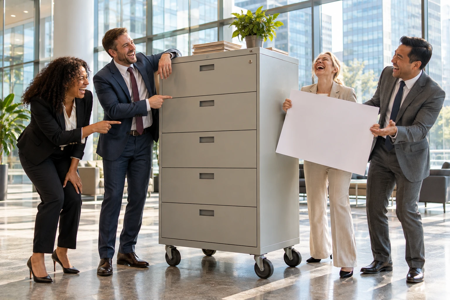 Four fictional adult office workers clearly laugh beside a wheeled filing cabinet in a bright glass office lobby.