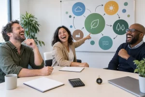Three fictional adult sustainability managers clearly laugh around a meeting table beside an abstract carbon accounting chart.