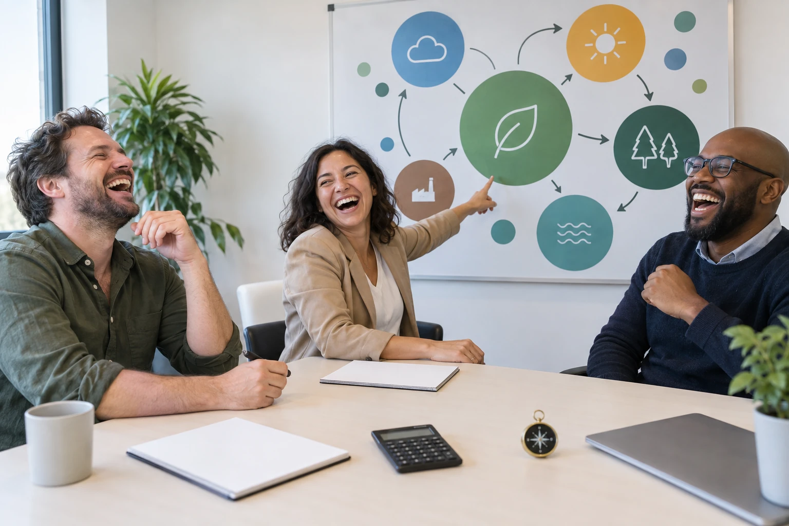 Three fictional adult sustainability managers clearly laugh around a meeting table beside an abstract carbon accounting chart.