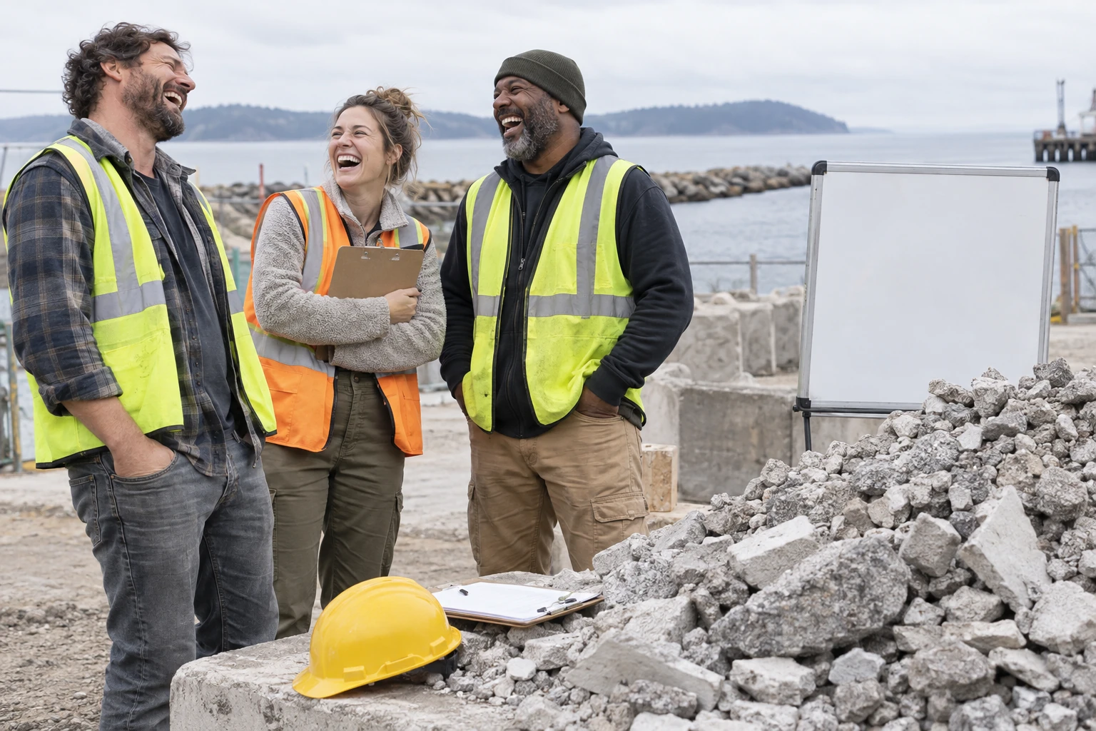 Three fictional adult materials coordinators clearly laugh beside a pile of crushed concrete and a blank inspection board.