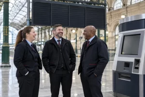 Three fictional adult rail station managers clearly laugh beside blank departure boards and a ticket machine.