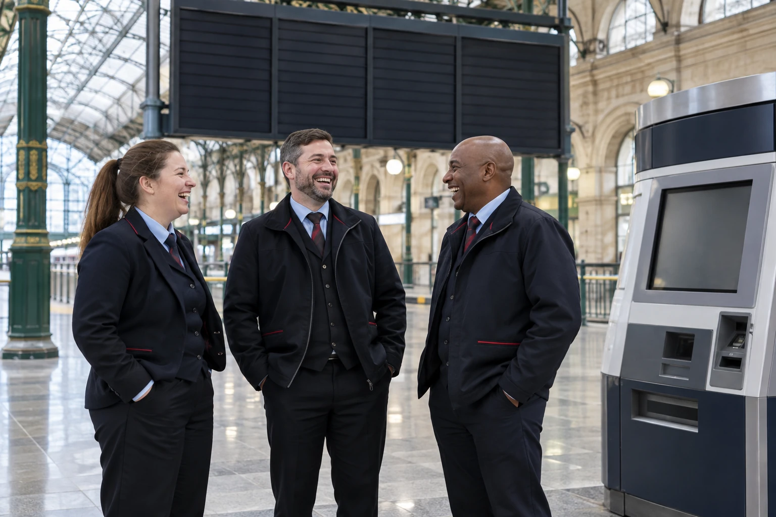 Three fictional adult rail station managers clearly laugh beside blank departure boards and a ticket machine.
