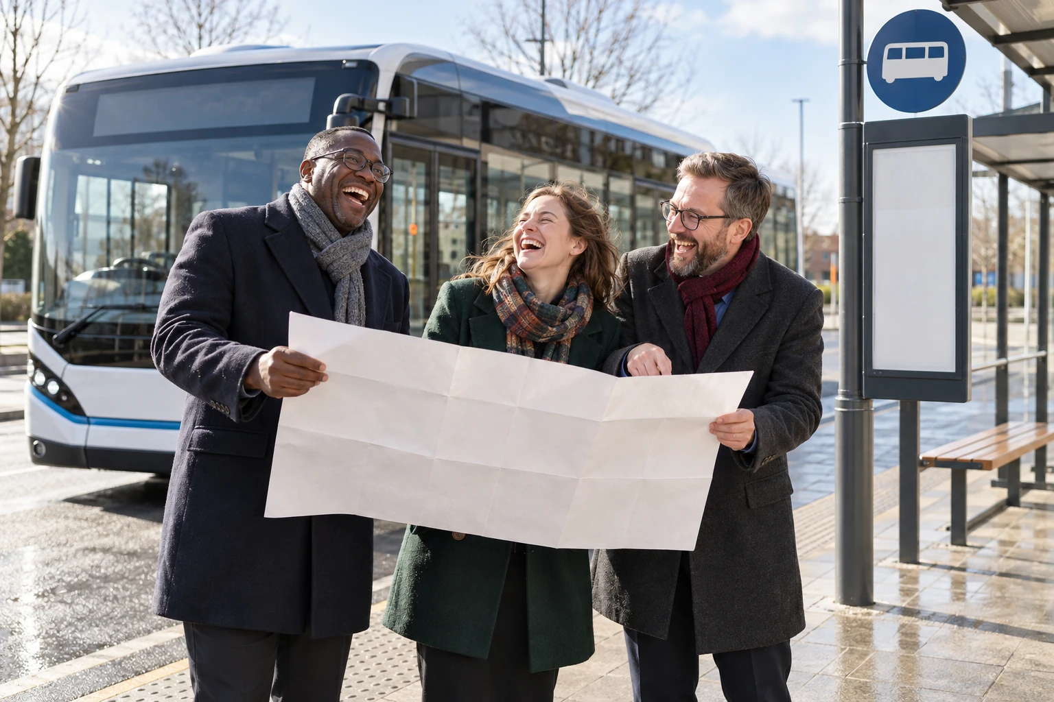 Three fictional adult bus transport planners clearly laugh while holding a blank route map beside a modern city bus and blank timetable panel.