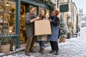 Three fictional adult independent shop owners clearly laugh while holding a blank shopping bag outside an unbranded local shop.