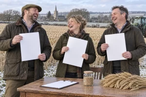 Three fictional adult arable farm contract administrators clearly laugh while holding blank crop contract sheets beside a wheat field.