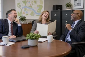 Three fictional adult commissioners clearly laugh around a council table beside an oversized blank report folder.
