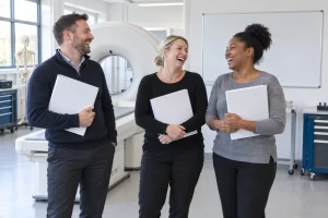 Three fictional adult MedTech training coordinators clearly laugh while holding blank course folders beside a generic imaging training device.