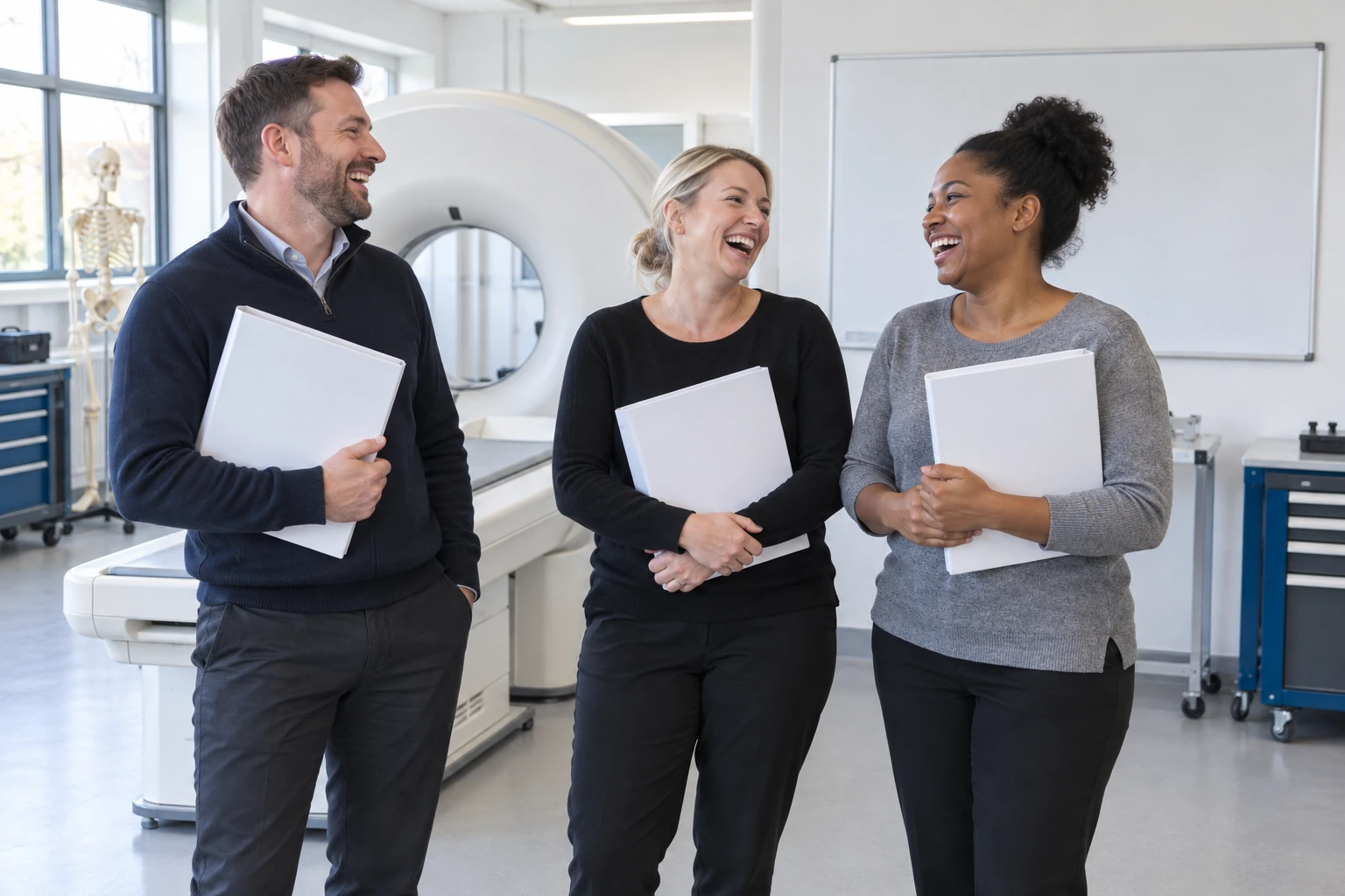 Three fictional adult MedTech training coordinators clearly laugh while holding blank course folders beside a generic imaging training device.