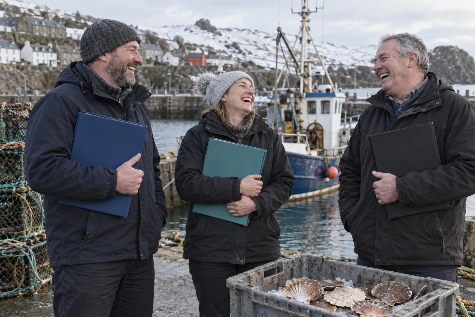 Three fictional adult fisheries management planners clearly laugh while holding blank marine management folders beside a UK harbour.