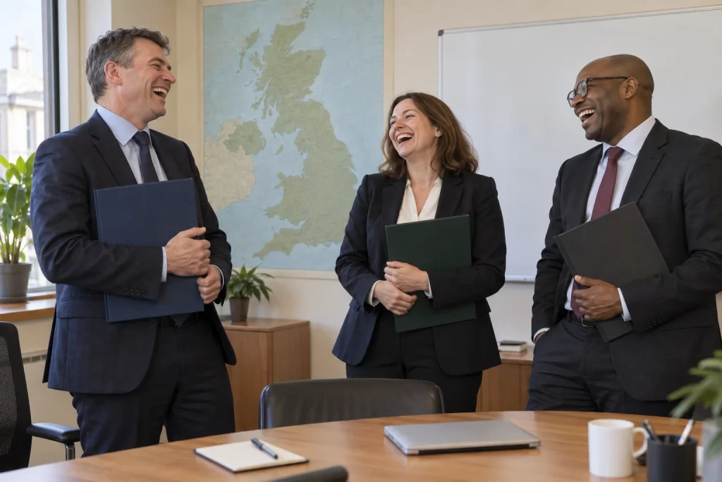 Three fictional adult defence administration planners clearly laugh while holding blank coordination folders in a generic office.