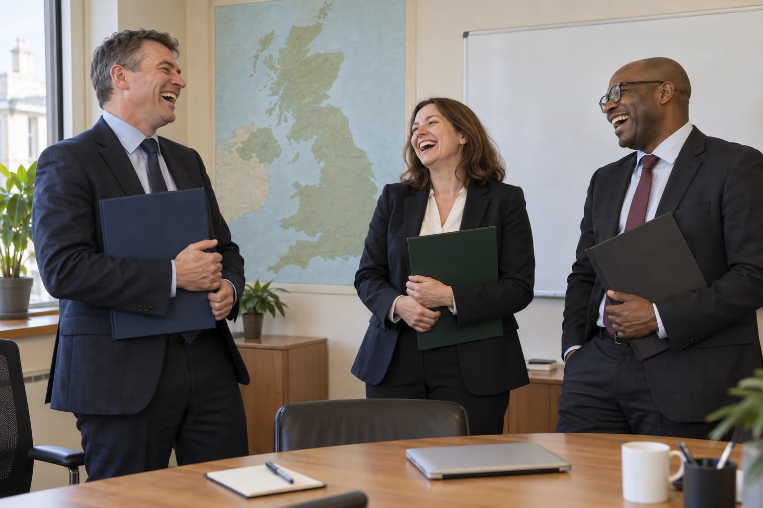Three fictional adult defence administration planners clearly laugh while holding blank coordination folders in a generic office.