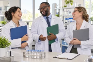 Three fictional adult veterinary regulatory coordinators clearly laugh while holding blank cooperation folders beside a generic unlabelled vial rack.