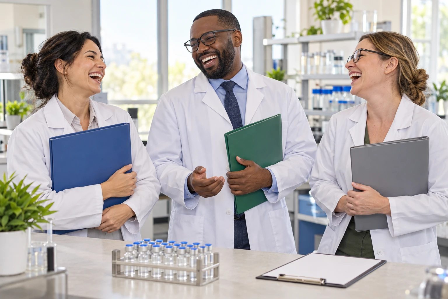 Three fictional adult veterinary regulatory coordinators clearly laugh while holding blank cooperation folders beside a generic unlabelled vial rack.