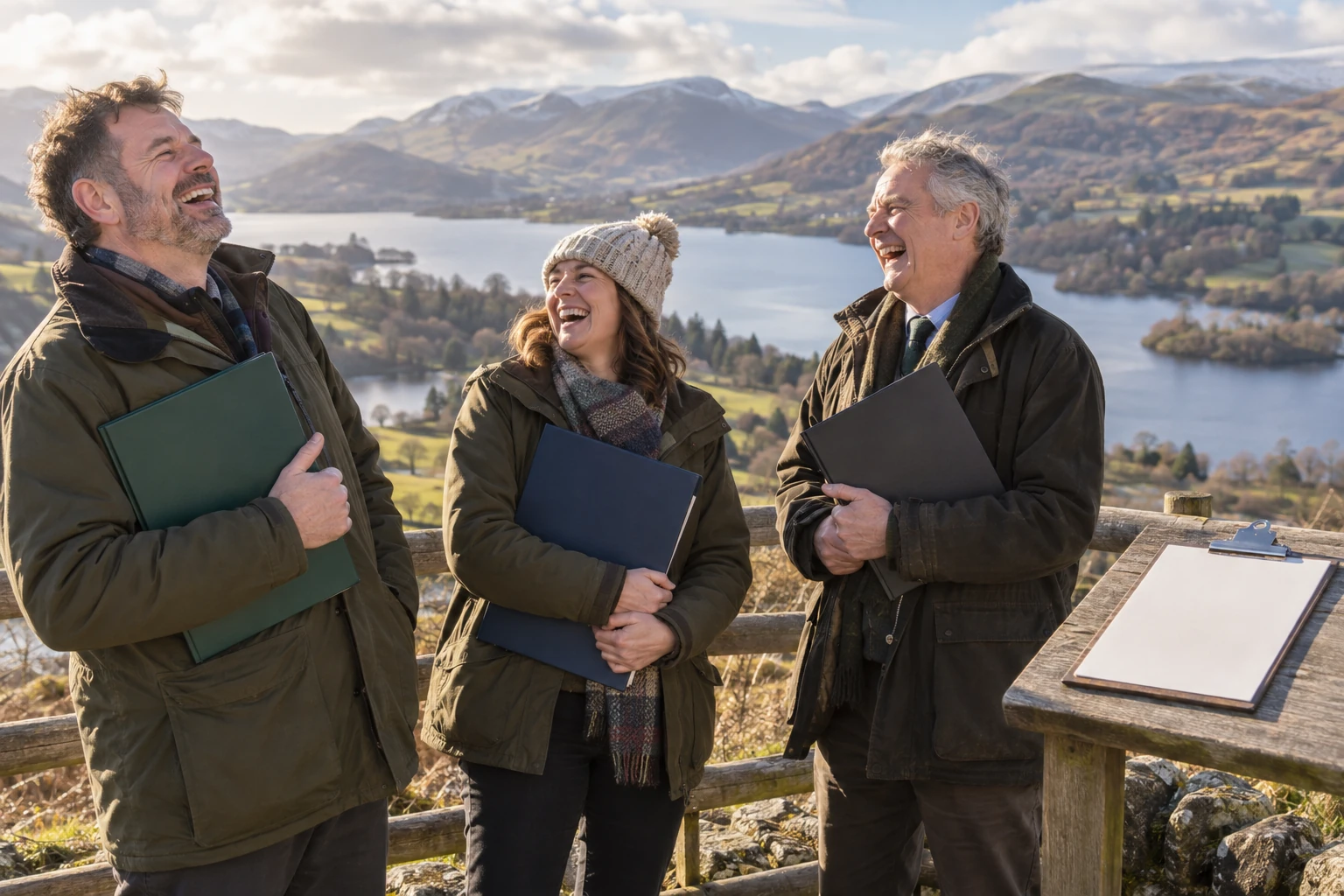 Three fictional adult National Park board administrators clearly laugh while holding blank appointment folders at a scenic overlook.