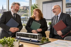 Three fictional adults clearly laughing during a Traffic Commissioner appointment beside blank folders and a model bus.