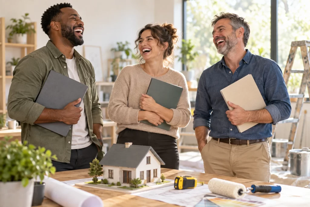 Three fictional adults clearly laughing during military homes upgrades beside blank folders and a model house.