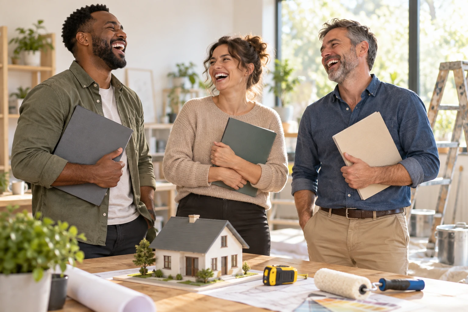 Three fictional adults clearly laughing during military homes upgrades beside blank folders and a model house.
