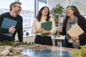 Three fictional adults clearly laughing with blank folders beside a model shoreline during a Boxing Day swimmers water policy meeting.