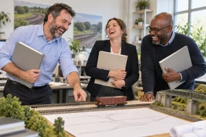 Three fictional adults clearly laughing during a rail safety report meeting beside blank folders, a model freight wagon and a bridge model.