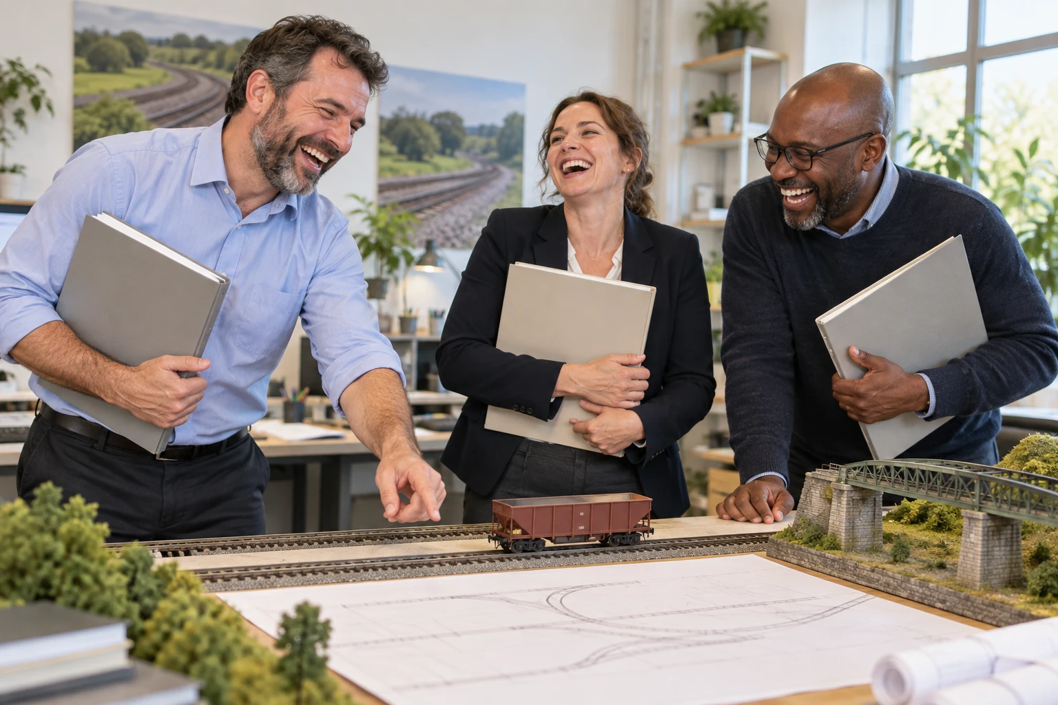 Three fictional adults clearly laughing during a rail safety report meeting beside blank folders, a model freight wagon and a bridge model.