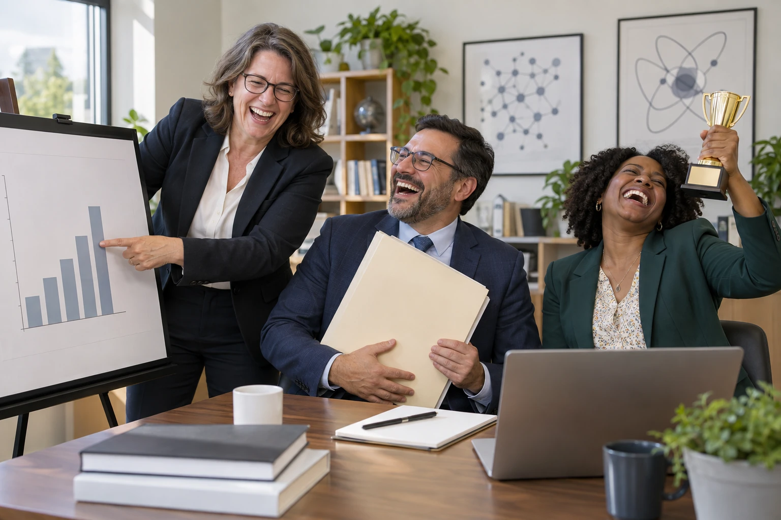 Three fictional adult research administrators clearly laugh beside a blank citation chart, report folder and trophy.