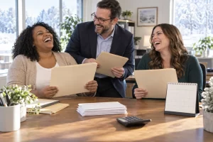 Three fictional adults clearly laughing during festive tax return filing beside blank folders, a model calendar and a calculator.