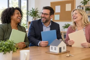 Three fictional adults clearly laughing during foster carer recruitment beside blank folders, a model home and a toy key.