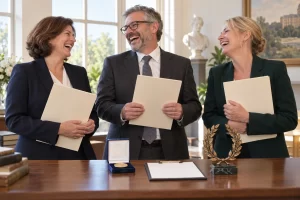 Three fictional adults clearly laughing during a Scotland honours list paperwork meeting beside blank folders and a medal box.