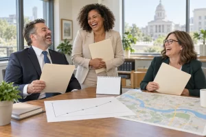 Three fictional adults clearly laughing during a New Year message planning meeting beside blank folders, a map and a progress chart.
