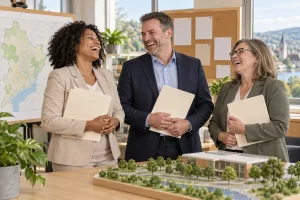 Three fictional adults clearly laughing during a Northern Ireland progress meeting beside blank folders, a map and a model building.